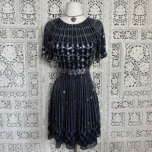 Frock & Frill Silver & Black Beaded Sequin Star Black Cocktail Party Dress